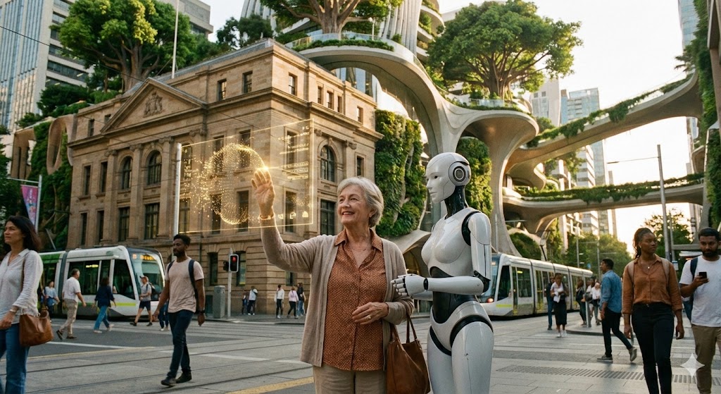 Future vision: Elderly woman interacting with a humanoid AI robot in a futuristic, green city
